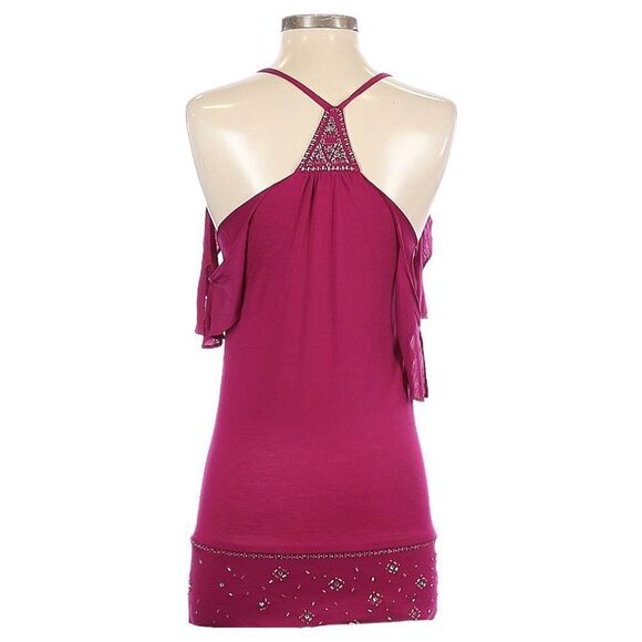 Marciano Boho Cold Shoulder Flutter Sleeve Fuchsia Knit Beaded Blouse Size XS - Picture 2 of 7